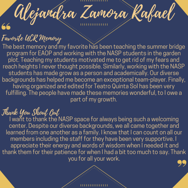 UCR graduate Alejandra Zamora Rafael thanks NASP for being a welcoming center