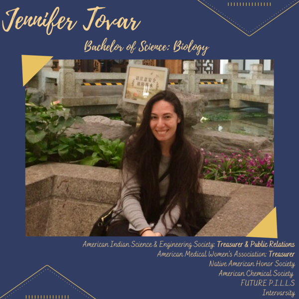 UCR graduate Jennifer Tovar lists student org involvement, including American Indian Science & Engineering Society (Treasurer & Public Relations)