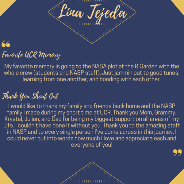 A written thank you to family, friends, and the NASP family from UCR student Lina Tejeda