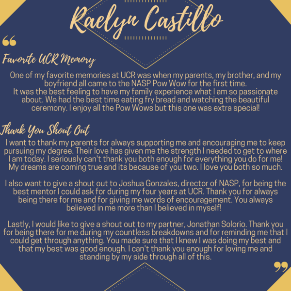 A written thank you to supporters from UCR graduate Raelyn Castillo