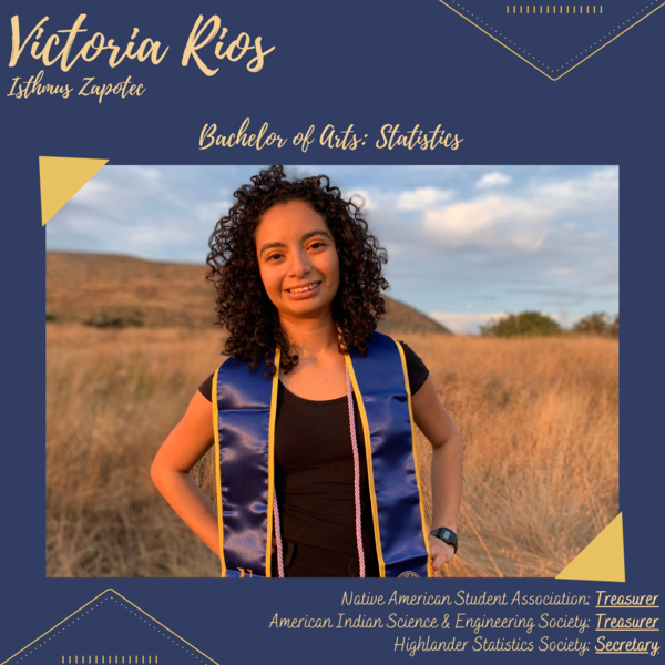 Statistics major Victoria Rios wears graduation stole and shares officer role in various UCR student orgs