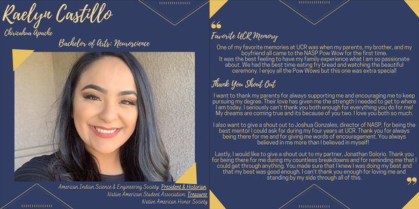 Neuroscience major Raelyn Castillo shares a favorite UCR memory and thanks Joshua Gonzales, NASP director