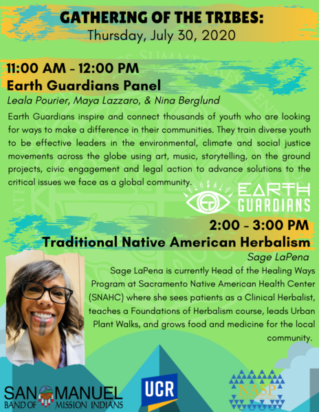 Description of two Gathering of the Tribes events: Earth Guardians Panel and Traditional Native American Herbalism