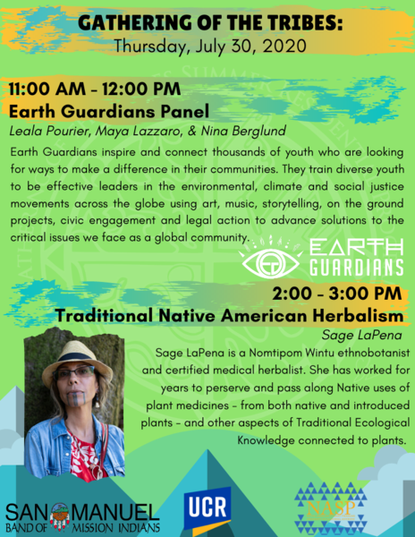 Description of two Gathering of the Tribes events: Earth Guardians Panel and Traditional Native American Herbalism