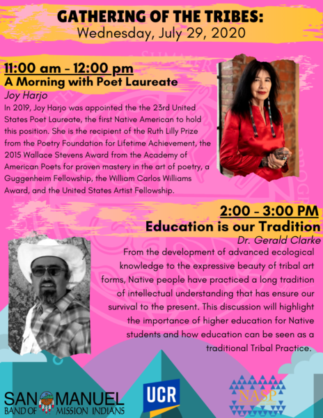 Description of two Gathering of the Tribes events: A Morning with Poet Laureate and Education is our Tradition